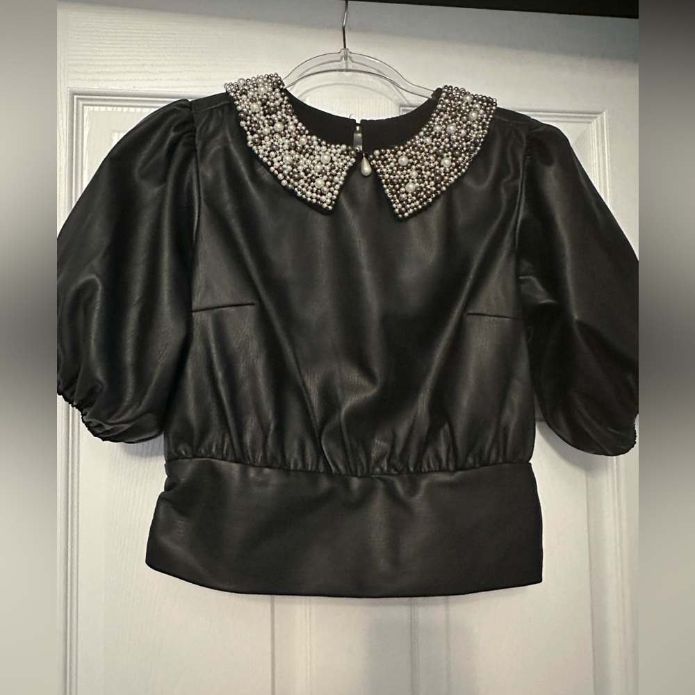 Anthropologie pleather top with pearl detailed collar